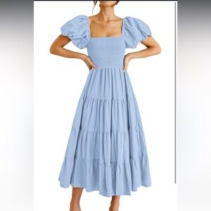 Smocked Square-Neck Midi Dress with Puff Sleeves - Light Blue